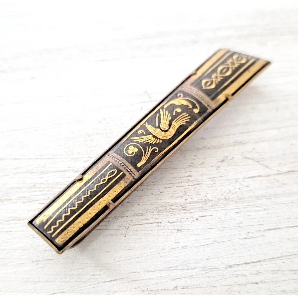 Vintage Tie Bar Damascene Bird Gold-Tone Black Rectangular Geometric Design